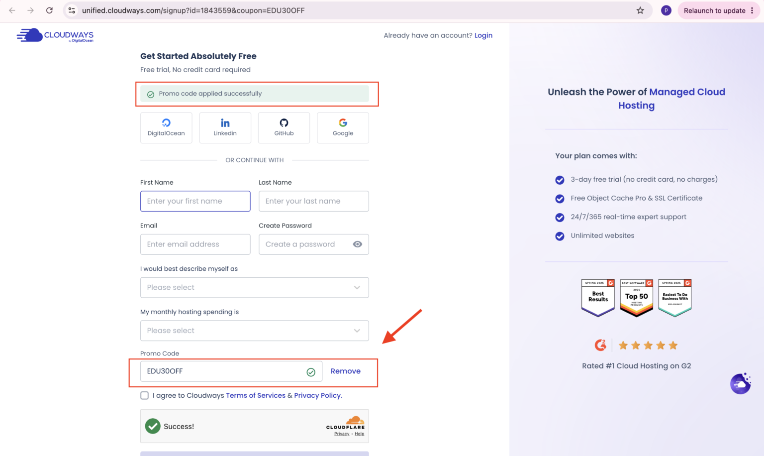 cloudways EDU30OFF promo code applied successfully